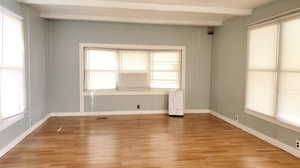 Empty room with light hardwood / wood-style floors and plenty of natural light