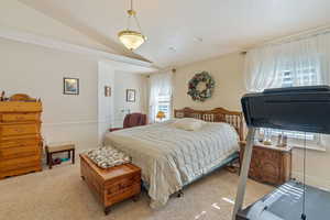 Bedroom featuring carpet floors and lofted ceiling