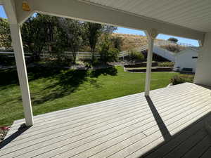 Wooden deck featuring a lawn