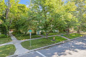 View of property hidden behind natural elements featuring a front lawn