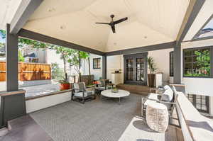 View of patio featuring ceiling fan and french doors