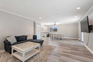 Living room with ceiling fan, light wood-type flooring, and crown molding