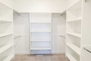 Walk in closet featuring light carpet