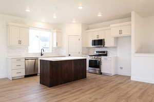 Kitchen with appliances with stainless steel finishes, backsplash, light hardwood / wood-style floors, and a center island