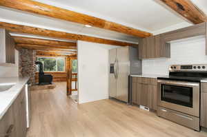 Kitchen featuring beamed ceiling, stainless steel appliances, a wood stove, light hardwood / wood-style floors, and decorative backsplash