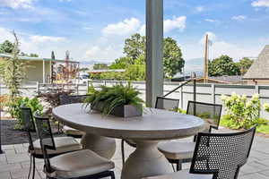 View of patio featuring a mountain view