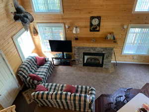 Carpeted living room featuring wood walls and a stone fireplace