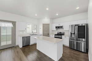 Kitchen featuring white cabinets, a center island, dark hardwood / wood-style flooring, stainless steel appliances, and sink