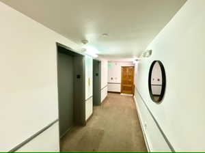 Hallway with double elevators.