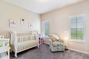 Carpeted bedroom featuring a nursery area