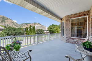 View of patio / terrace featuring a mountain view