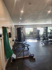 Workout area with a textured ceiling