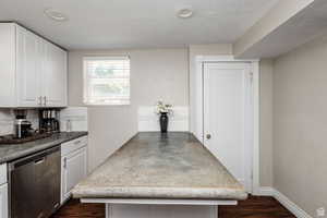 Kitchen featuring backsplash, stainless steel dishwasher, white cabinetry, a textured ceiling, and dark wood-type flooring