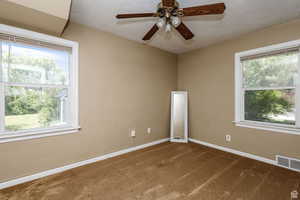 Carpeted empty room with plenty of natural light, a textured ceiling, and ceiling fan