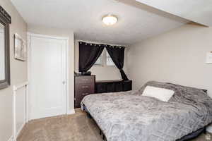 Carpeted bedroom with a textured ceiling and a closet