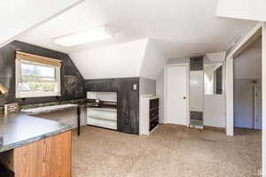 Interior space with lofted ceiling and light colored carpet