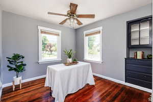 Interior space with plenty of natural light, ceiling fan, and wood-type flooring