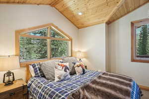 Bedroom with wooden ceiling and lofted ceiling