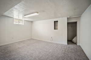 Basement with carpet floors and a textured ceiling