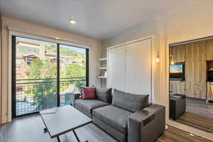 Living room with dark hardwood / wood-style flooring