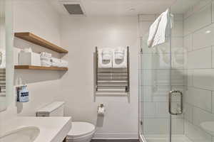 Bathroom featuring vanity, radiator heating unit, toilet, and walk in shower