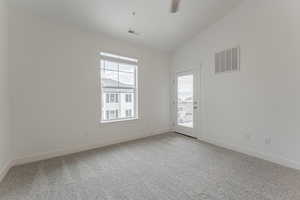 Carpeted spare room featuring plenty of natural light and lofted ceiling