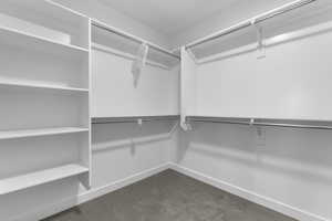 Spacious closet featuring dark carpet