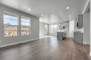 Unfurnished living room with wood-type flooring, a textured ceiling, and sink