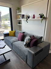 Living room with dark wood-type flooring