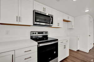 Kitchen featuring white cabinets, dark hardwood / wood-style floors, and stainless steel appliances