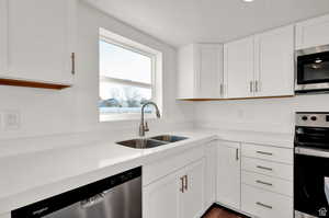 Kitchen with dark wood-type flooring, sink, white cabinets, and stainless steel appliances