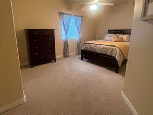 Bedroom downstairs with carpet and ceiling fan