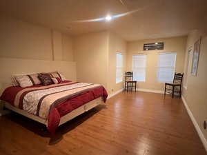 Large Bedroom downstairs with wood-type flooring and sitting area with large walk in closet.