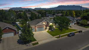 Aerial view at dusk with a mountain view