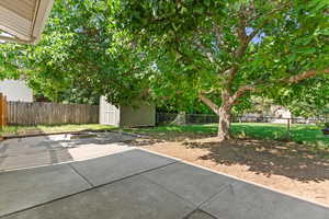 View of patio featuring a shed