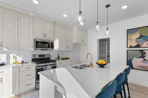 Kitchen with stainless steel appliances, decorative backsplash, light wood-type flooring, sink, and a center island with sink