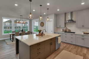 Kitchen featuring tasteful backsplash, stainless steel appliances, light wood-type flooring, an island with sink, and wall chimney exhaust hood