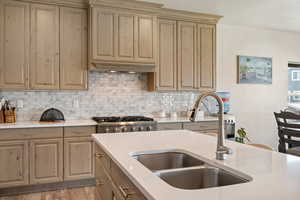 Kitchen featuring premium range hood, range, light wood-type flooring, sink, and backsplash