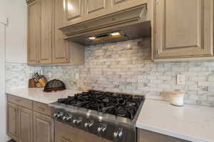 Kitchen with backsplash, light stone countertops, and custom exhaust hood