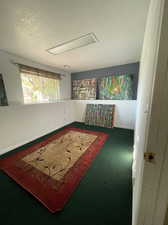 Carpeted bedroom featuring a textured ceiling