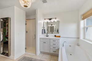 2 vanities, Euro glass door, separate tub and shower and walk in closet.