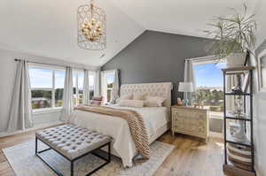 Vaulted Master Bedroom w views galore to the west and to the south.