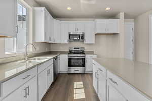 Kitchen featuring sink, appliances with stainless steel finishes, dark hardwood / wood-style flooring, and white cabinets