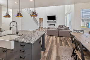 Kitchen with a large fireplace, sink, a healthy amount of sunlight, and hardwood / wood-style floors