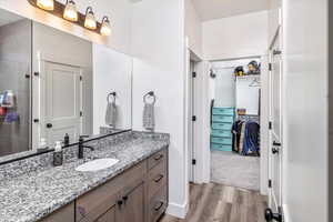 Bathroom with vanity and wood-type flooring