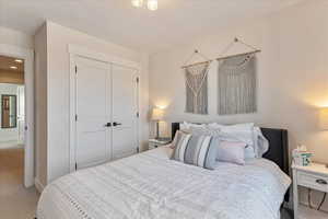 Carpeted bedroom featuring a closet