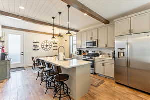 Kitchen with light hardwood / wood-style floors, hanging light fixtures, stainless steel appliances, beam ceiling, and sink