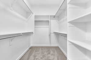 Spacious closet featuring light colored carpet