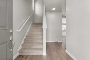 Stairs with hardwood / wood-style flooring