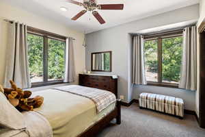 Carpeted bedroom with ceiling fan and multiple windows